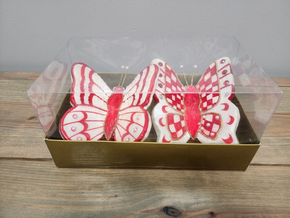 MacKenzie Childs Pink & Red Rosy Check Butterfly Wall Hanging Decoration Set